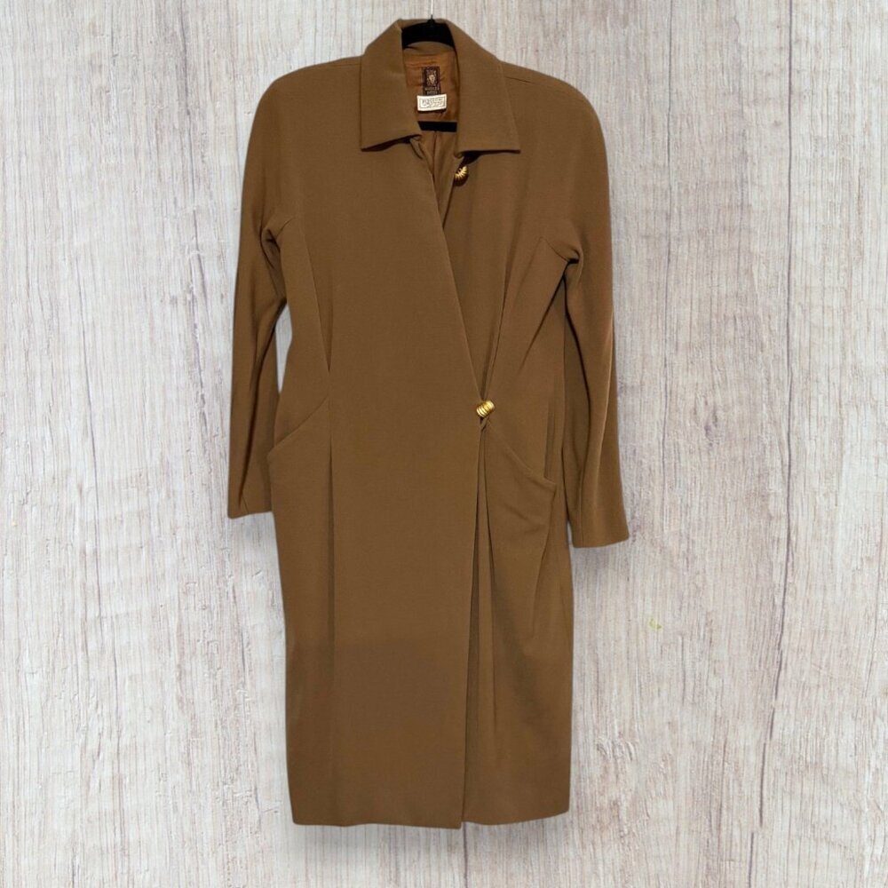 Vintage Anne Klein II Camel Wool Coat Dress Bergdorf Goodman USA Minimalist 14